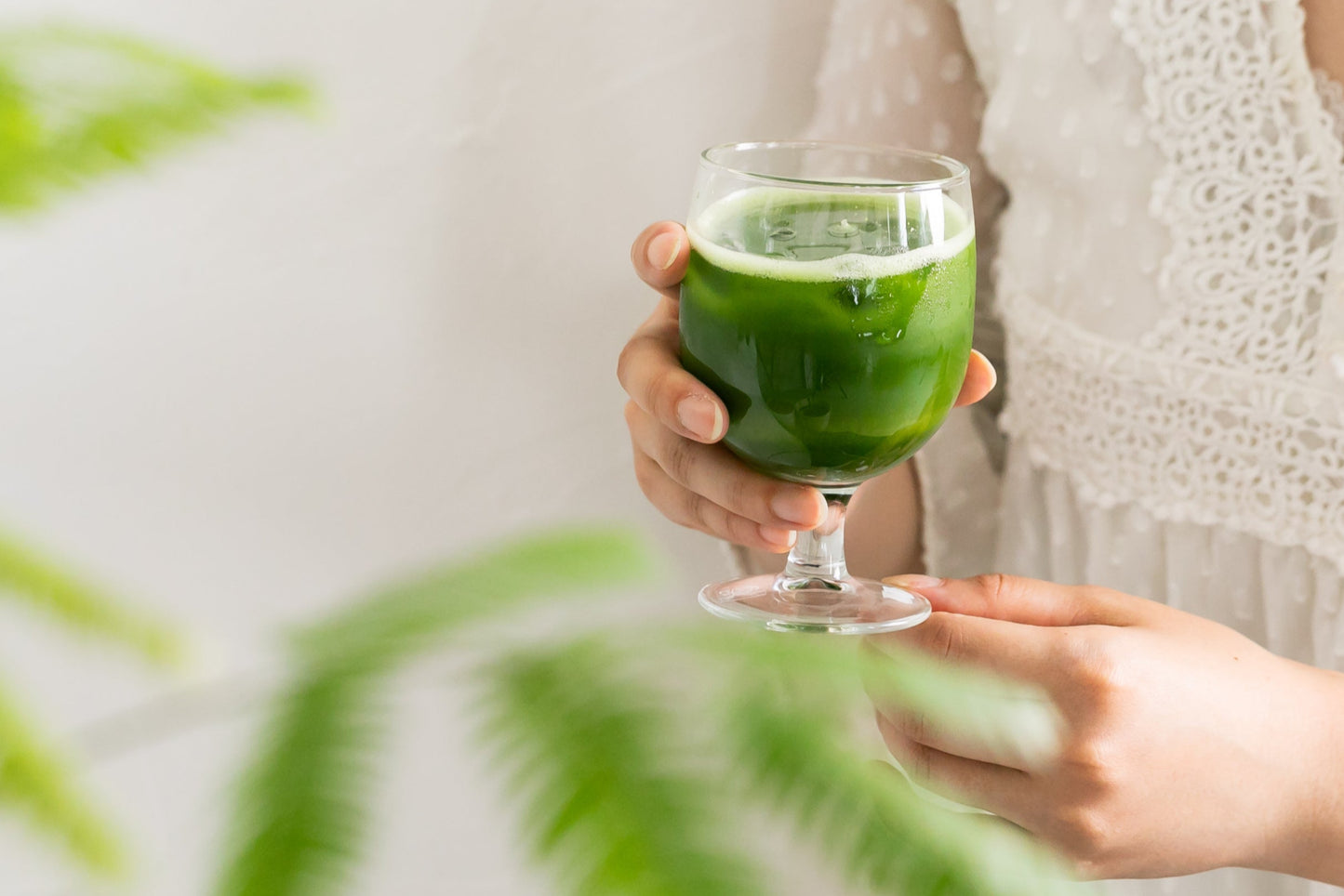 Person holding a glass of iced matcha with a blurred plant in the foreground